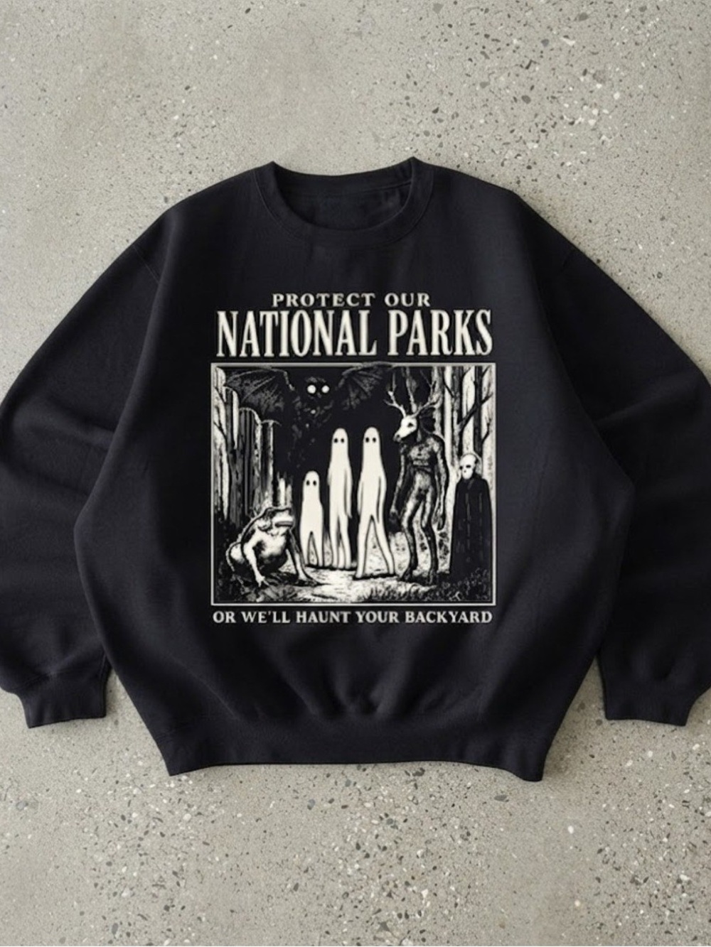 Protect Our National Parks Black Gildan Sweatshirt Spooky Graphic